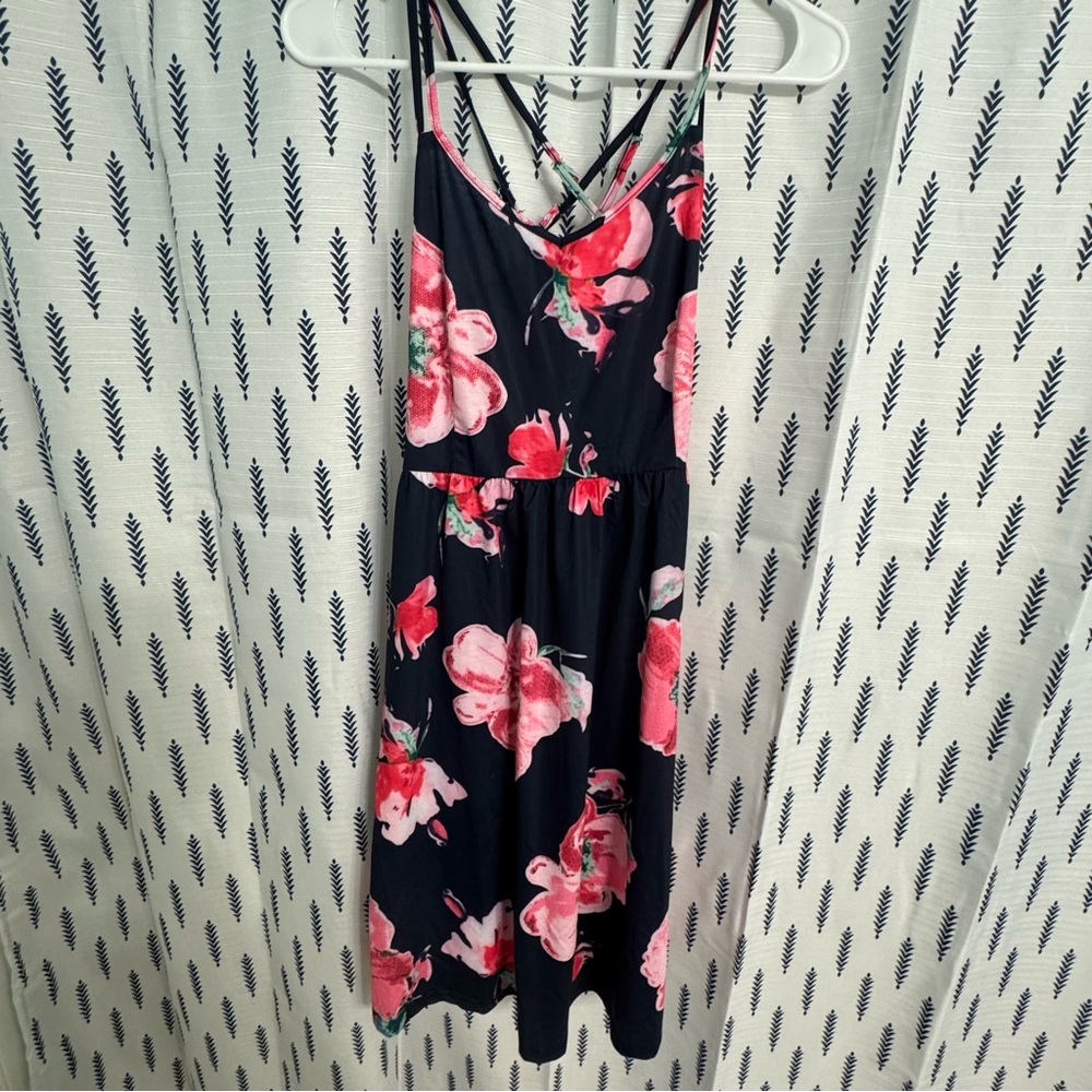 Cross cross backed  knee length dress  - navy with floral pattern and pockets